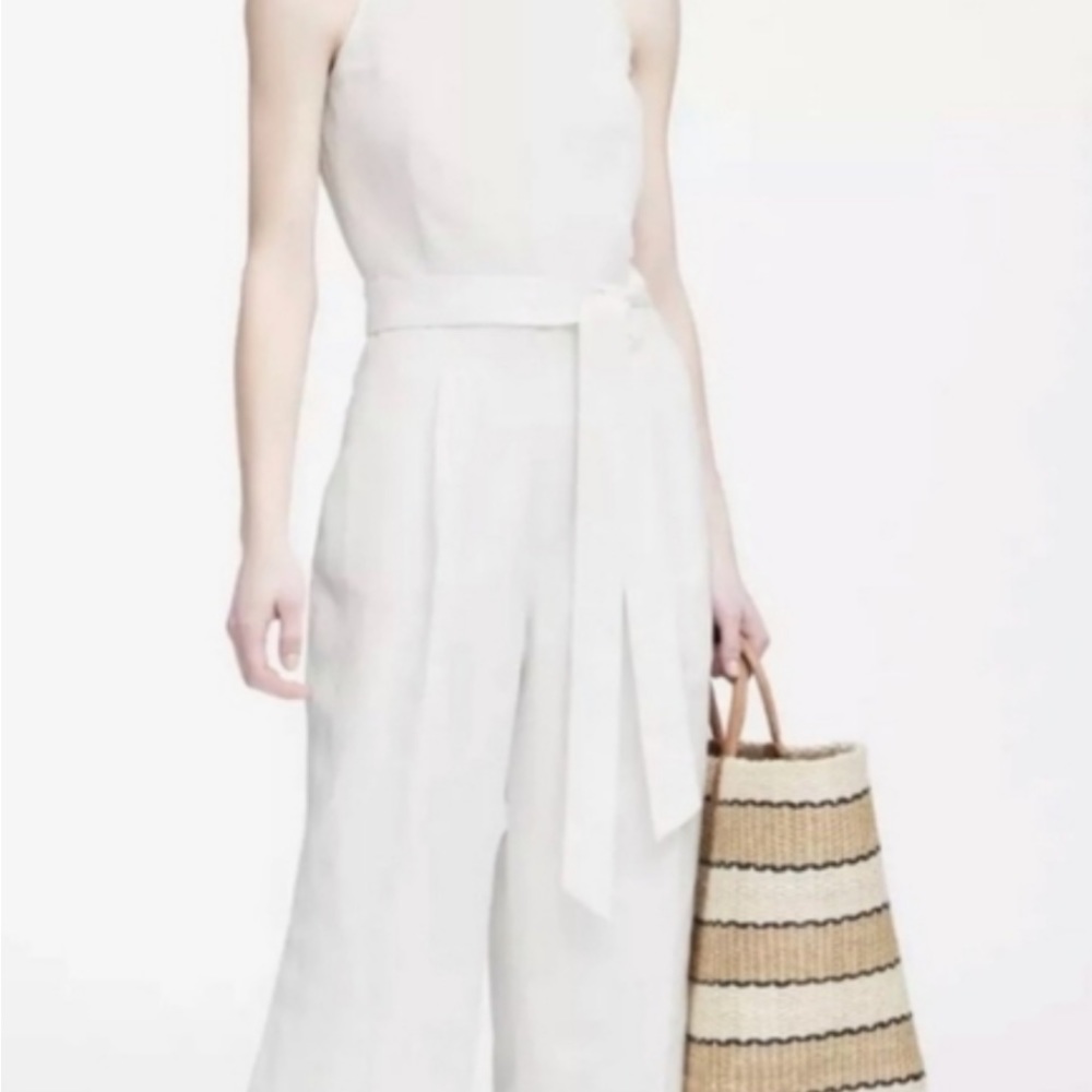 Banana Republic White Linen Cropped Jumpsuit